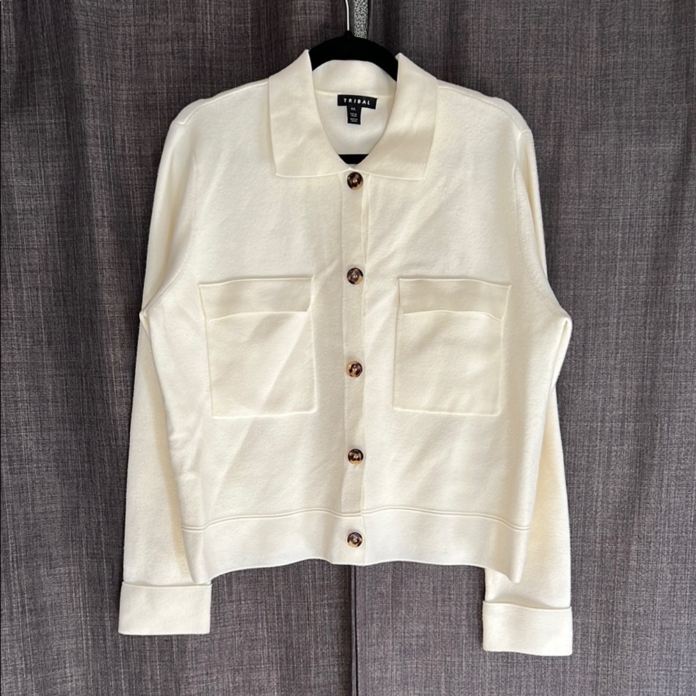 Tribal buttery soft button down collared sweater shacket size large cream